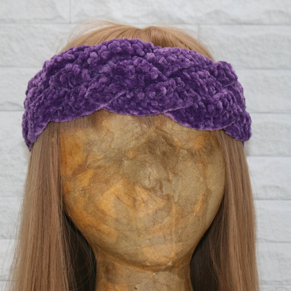 HAND CRAFTED Crochet Braided Earwarmer Head Band Wide Chenille Velvet Purple - Picture 2 of 16
